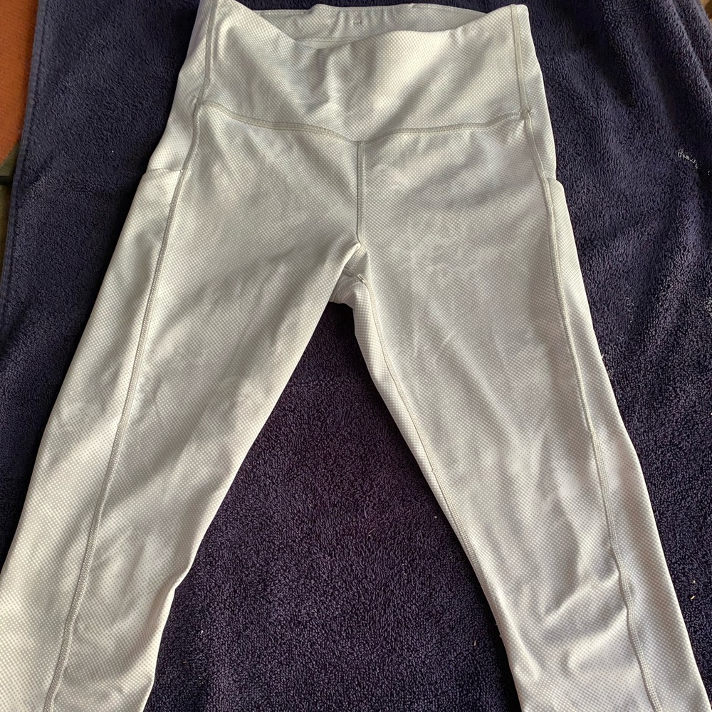 White  Athleta tights, butt-lift seams, pockets